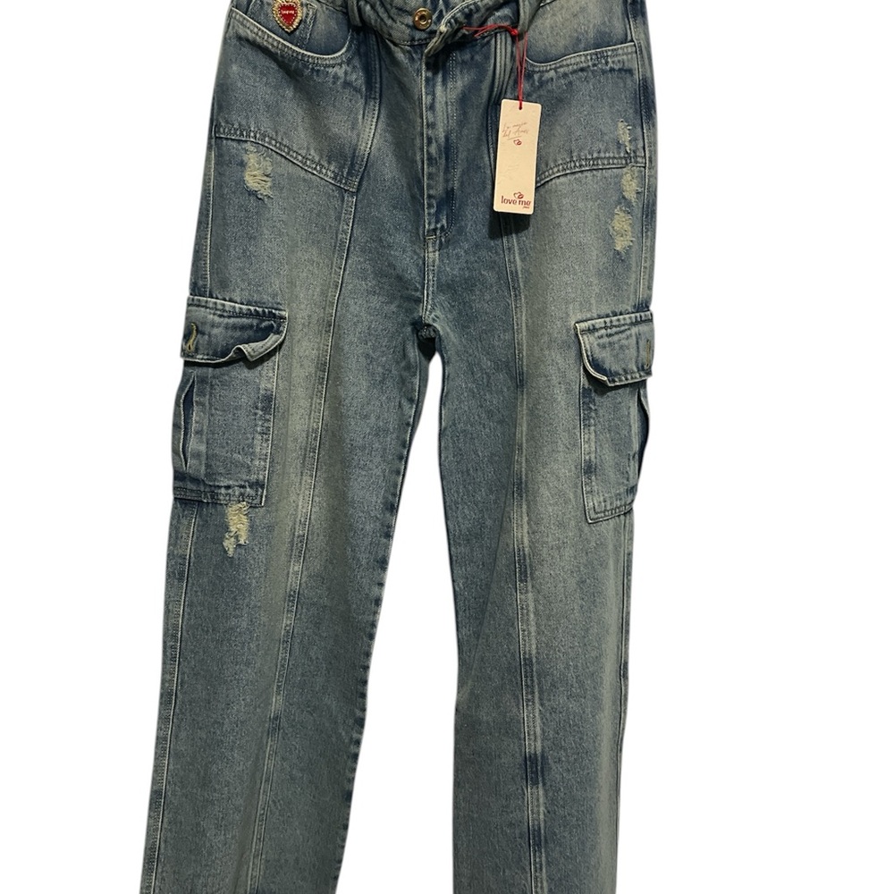 Cargo Distressed Wide-Leg Jeans - Blue